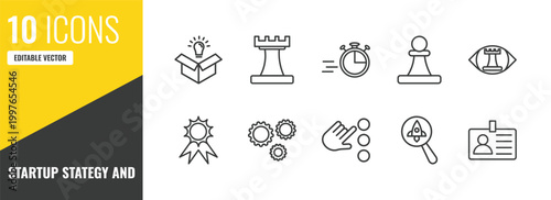 startup stategy and outline icon set. 10 linear vector for ui, web and mobile. thin line new product, rook, quick icons.