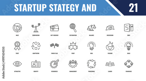 startup stategy and outline icon set. linear vector for ui, web and mobile. thin line comparison, sway, idea icons.