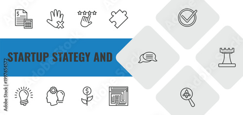 startup stategy and outline icon set. linear vector for ui, web and mobile. thin line budget, restrict, rate icons.
