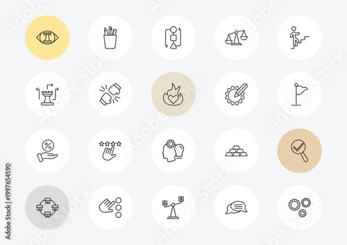success outline icon set. linear vector for ui, web and mobile. thin line strategic vision, strategy game, commission icons.