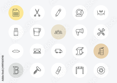 tools and utensils outline icon set. linear vector for ui, web and mobile. thin line face down floppy disk, top load washer, moustaches icons.