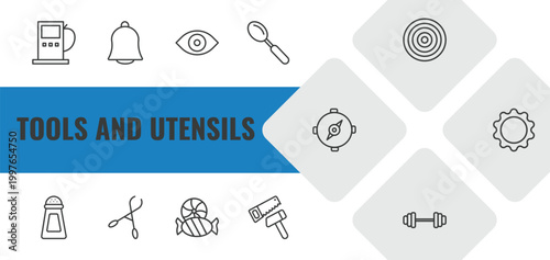tools and utensils outline icon set. linear vector for ui, web and mobile. thin line fuel oil bomb service, hanging bell, optical icons.