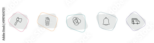 tools and utensils outline icon set. linear vector for ui, web and mobile. thin line hand axe, trash can open, rubber bands icons.