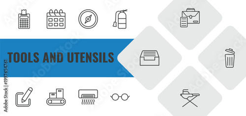 tools and utensils outline icon set. linear vector for ui, web and mobile. thin line printing calculator, calendar with six days, cardinal icons.