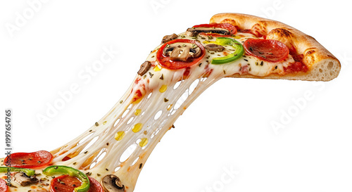A delicious slice of pizza stretches with gooey melted cheese pulling away from the main slice.