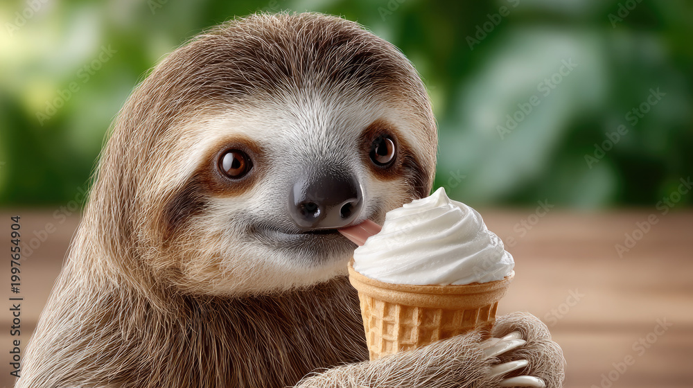Obraz premium Sloth enjoying a delightful vanilla ice cream cone, bringing a smile to its face, symbolizing summer happiness, leisurely moments, and sweet animal indulgence in nature
