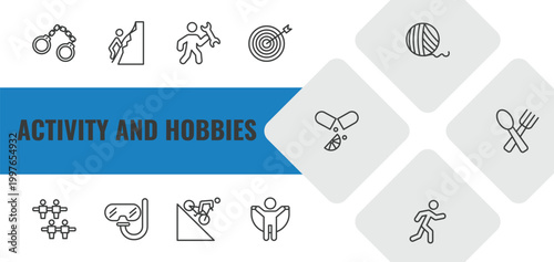 activity and hobbies outline icon set. linear vector for ui, web and mobile. thin line arrest, rappelling, repairing icons.