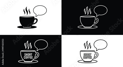 Coffee cups are presented as a series of minimalist line drawings with speech bubbles on a contrasting black and white background layout.