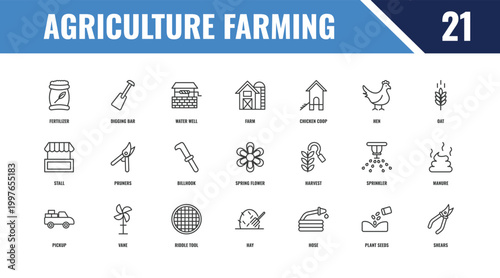agriculture farming outline icon set. linear vector for ui, web and mobile. thin line digging bar, oat, harvest icons.