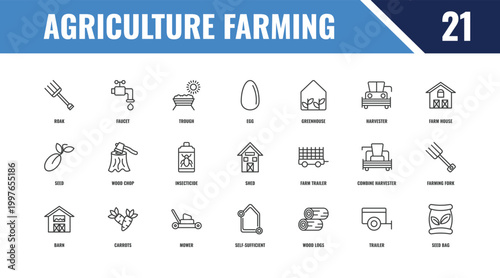 agriculture farming outline icon set. linear vector for ui, web and mobile. thin line faucet, farm house, farm trailer icons.