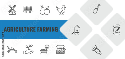 agriculture farming outline icon set. linear vector for ui, web and mobile. thin line flour mill, farm trailer, fruit icons.