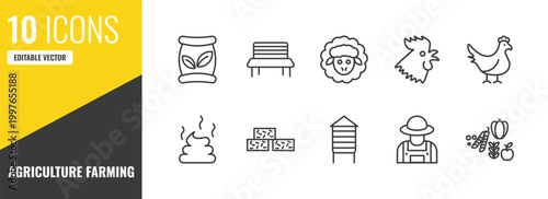 agriculture farming outline icon set. 10 linear vector for ui, web and mobile. thin line seed bag, garden bench, sheep icons.