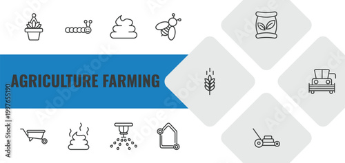 agriculture farming outline icon set. linear vector for ui, web and mobile. thin line hanging pot, caterpillar, poo icons.
