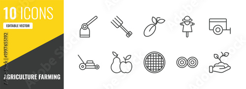 agriculture farming outline icon set. 10 linear vector for ui, web and mobile. thin line hoe, farming fork, seed icons.