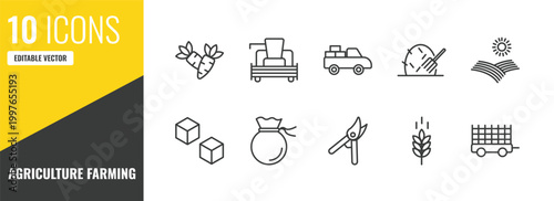 agriculture farming outline icon set. 10 linear vector for ui, web and mobile. thin line carrots, combine harvester, pickup icons.