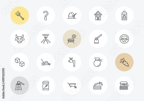 agriculture farming outline icon set. linear vector for ui, web and mobile. thin line roak, ox, sugar icons.