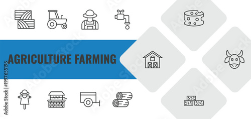 agriculture farming outline icon set. linear vector for ui, web and mobile. thin line bale, tractor, farmer icons.