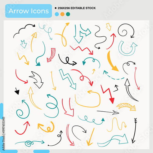 Colorful hand drawn arrow icons set with yellow and teal, white background