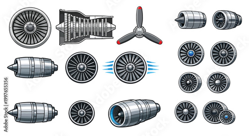 Jet Engine Parts Set Turbine Propeller Aircraft Technology Vector Illustration Collection