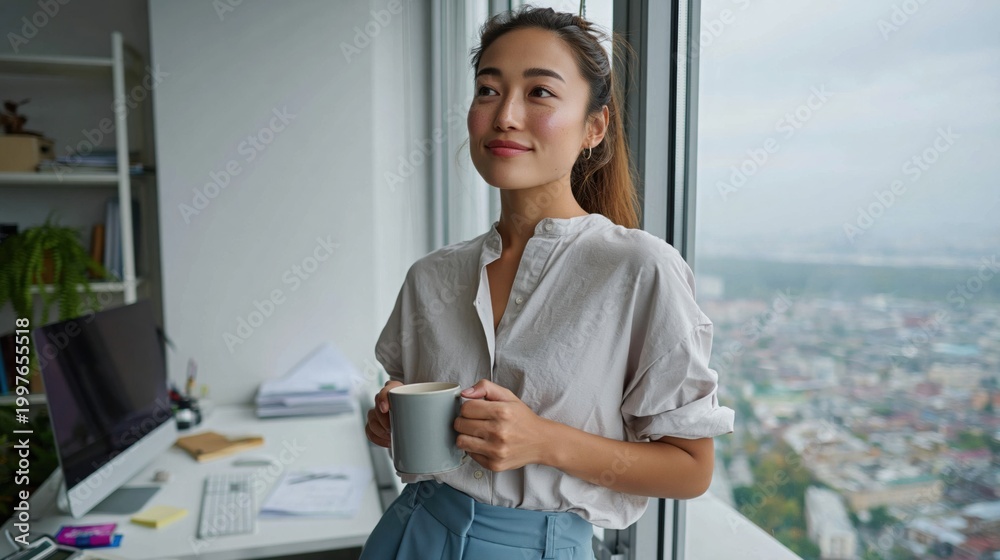 Fototapeta premium Young East Asian woman holding a mug and looking out a window in an office