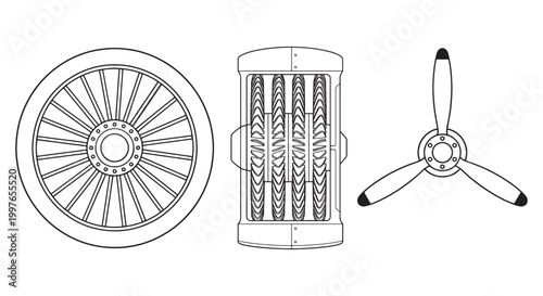 Jet Engine Fan Turbine Propeller Technical Line Art Aviation Diagram Vector Set