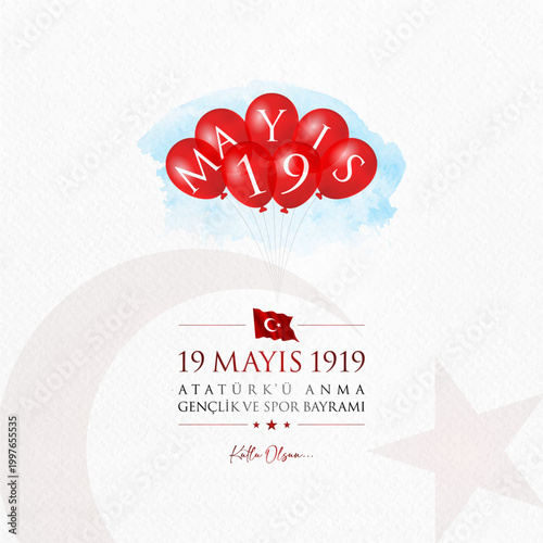 19 mayis Ataturk’u anma, genclik ve spor bayrami vector illustration. (19 May, Commemoration of Ataturk, Youth and Sports Day Turkey celebration card.)
