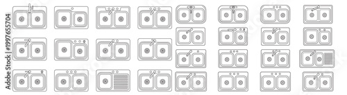 Kitchen Sink and Double Basin Washbasin Set - Modern Stainless Steel Sink Technical Drawing and Plumbing Fixture Outline