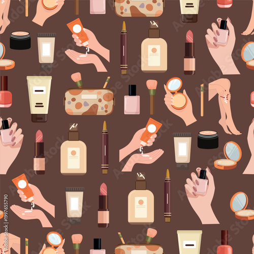Seamless beauty pattern with cosmetics and skincare products hands applying cream lipstick nail polish brushes and bottles in soft pastel flat vector illustration