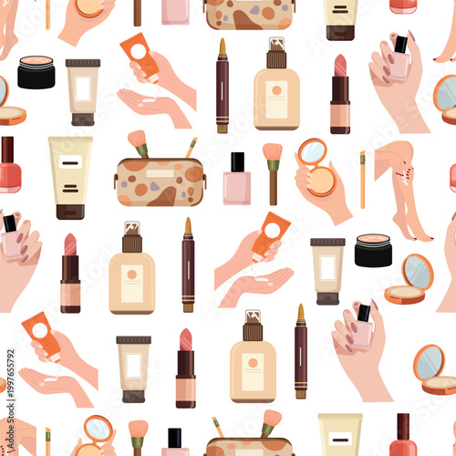 Seamless beauty pattern with cosmetics and skincare products hands applying cream lipstick nail polish brushes and bottles in soft pastel flat vector illustration