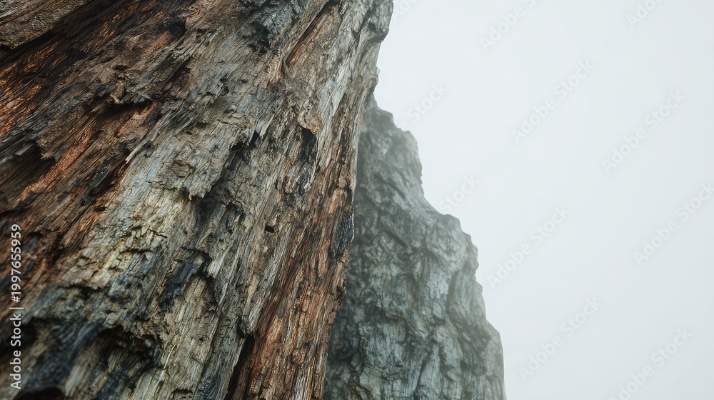 Fototapeta premium Old growth tree trunk with weathered bark texture and deep cracks, close up in a misty forest evoking rugged, organic patterns and a tranquil, hazy woodland atmosphere