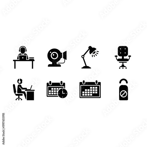 8 Freelance icons webcam calendar desk lamp chair, outline solid styles, UI and web interface design