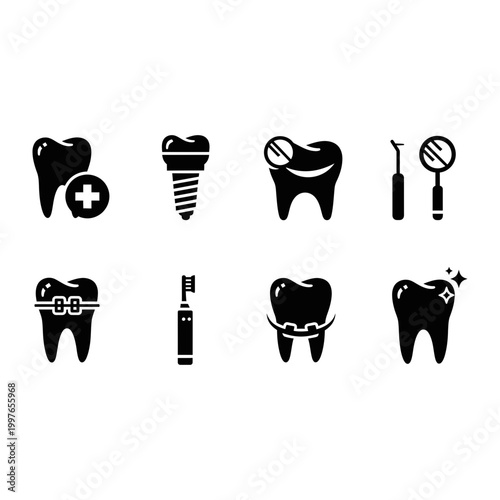 8 Dental icons featuring tooth implant, braces, toothbrush and mirror, outline solid styles, UI and web interface design