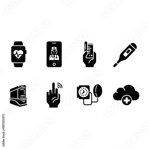 8 Medical icons smartwatch thermometer blood pressure cloud, outline solid styles, UI and web interface design