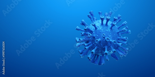 Horizontal 3D medical illustration of a single blue virus cell with copy space. 3d rendering