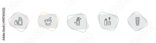 beauty outline icon set. linear vector for ui, web and mobile. thin line liquid makeup, mortar bowl, face cleanser icons.