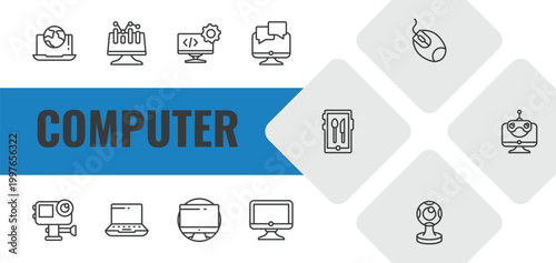 computer outline icon set. linear vector for ui, web and mobile. thin line surfing the net, data analyser, develope icons.