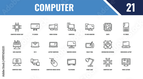 computer outline icon set. linear vector for ui, web and mobile. thin line tv screen, pc tower, tablet tool icons.