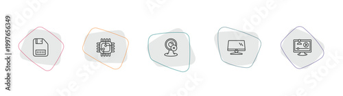 computer outline icon set. linear vector for ui, web and mobile. thin line save file, square chip, webcam disconnected icons.