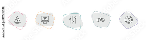 arcade outline icon set. linear vector for ui, web and mobile. thin line party hat, video editing, controls icons.