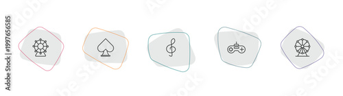 arcade outline icon set. linear vector for ui, web and mobile. thin line spinning wheel, spades, g clef icons.