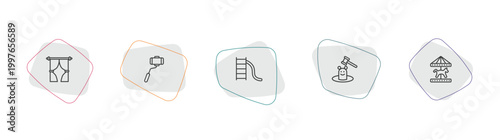 entertainment outline icon set. linear vector for ui, web and mobile. thin line curtain stage, selfie stick, toboggan icons.