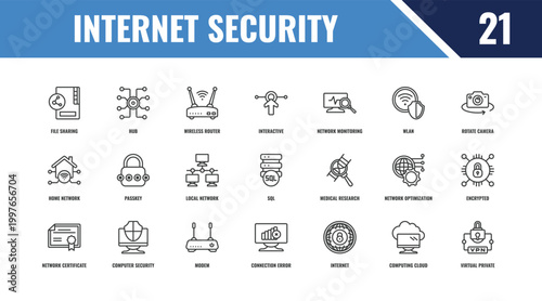 internet security outline icon set. linear vector for ui, web and mobile. thin line hub, rotate camera, medical research icons.