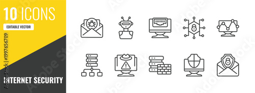 internet security outline icon set. 10 linear vector for ui, web and mobile. thin line spam, bot, ethernet icons.