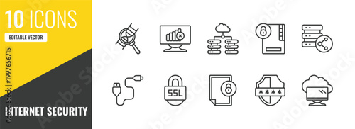 internet security outline icon set. 10 linear vector for ui, web and mobile. thin line medical research, connection error, data center icons.