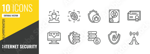 internet security outline icon set. 10 linear vector for ui, web and mobile. thin line facial recognition, fingerprint scan, malware icons.