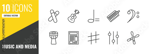 music and media outline icon set. 10 linear vector for ui, web and mobile. thin line clave, ukelele, minim icons.