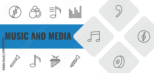music and media outline icon set. linear vector for ui, web and mobile. thin line music record, castanets, playlist icons.