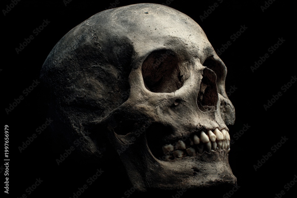 Obraz premium Grinning human skull against a stark black backdrop for Halloween mood