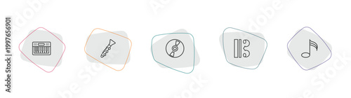 music and media outline icon set. linear vector for ui, web and mobile. thin line music keyboard, oboe, music record icons.