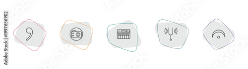 music and media outline icon set. linear vector for ui, web and mobile. thin line breath mark, photo camera, synthesizer icons.